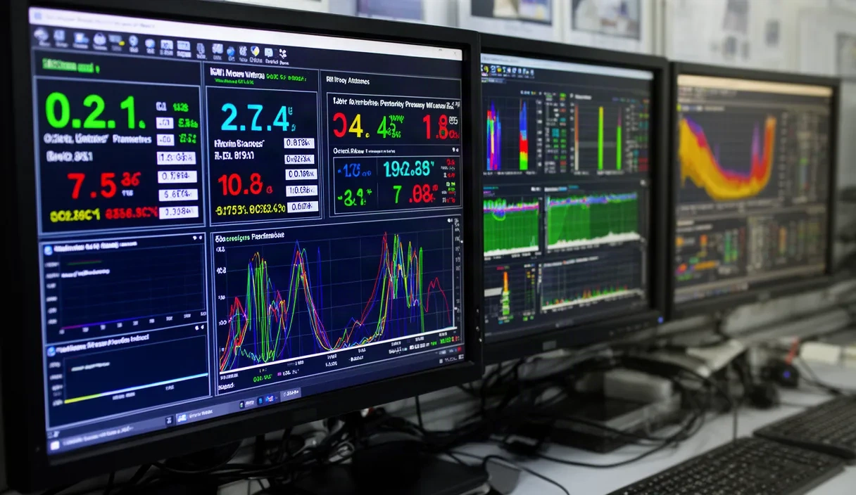 Industrial control room dashboard showing real-time monitoring displays with performance metrics, pressure gauges, flow rate indicators, and water quality data visualizations