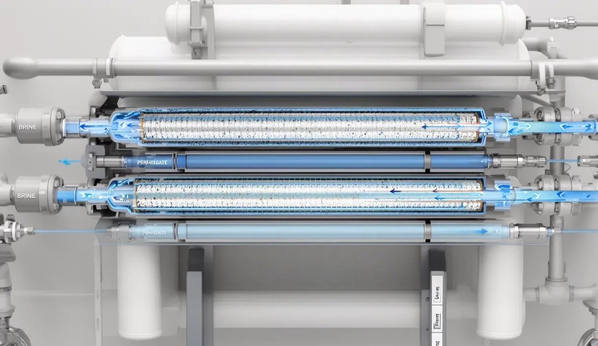Technical illustration of reverse osmosis membrane cartridges displaying internal membrane layers, flow pathways, and structural components used in water treatment systems